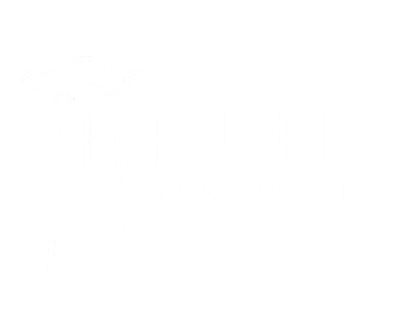 White logo featuring a stylized moontower with five lights at the top, next to the bold text “PURPLE MOONTOWER” on a transparent background.