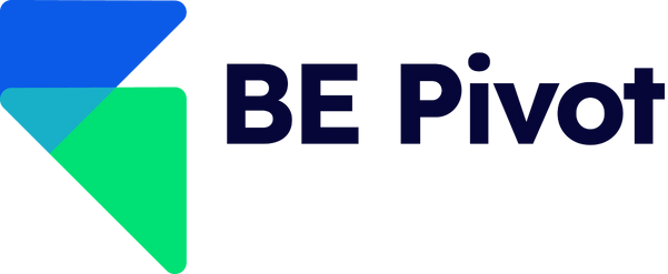 Modern logo with two interlocking arrow-like shapes in blue and green, next to the text “BE Pivot” in bold dark blue font.